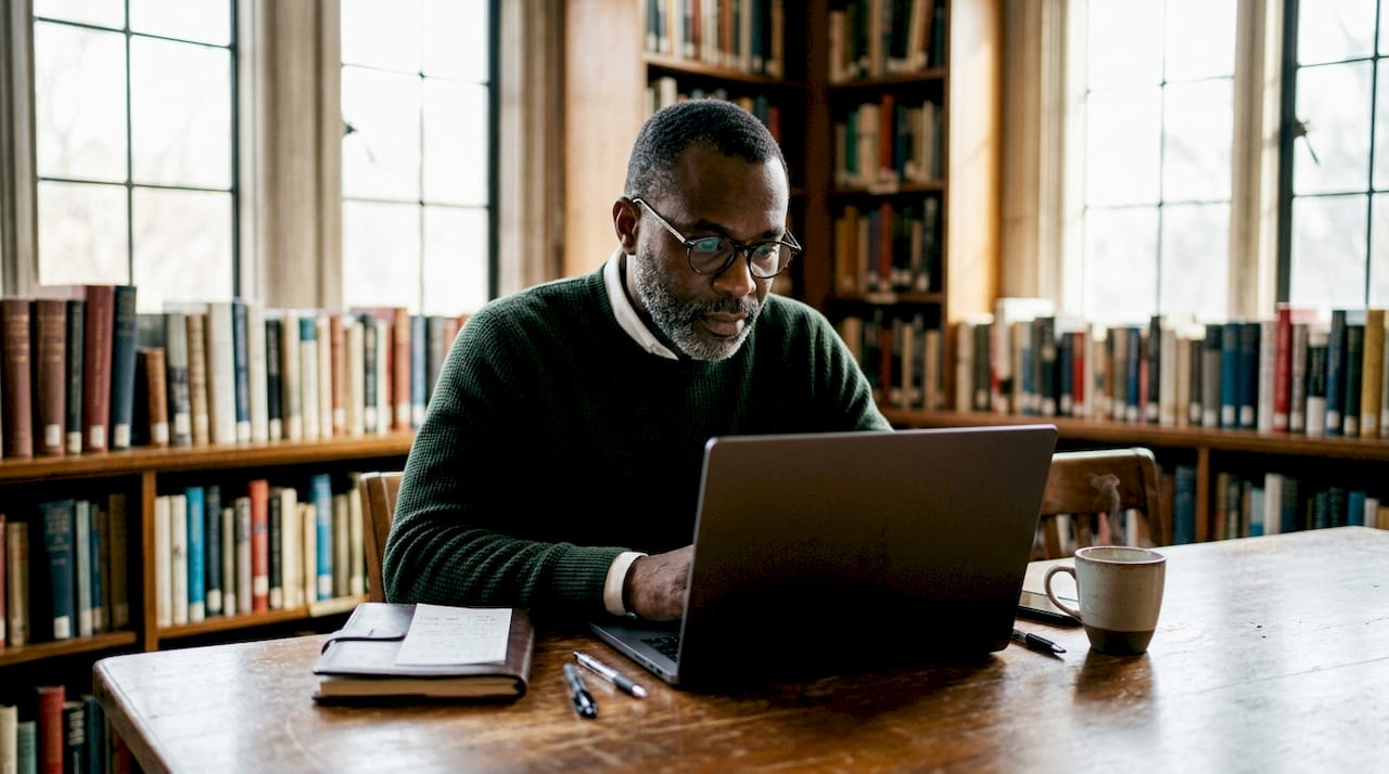 Man researching company on laptop in coffee shop
