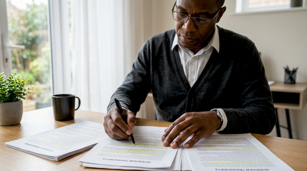 Man analyzing interview transcripts with notes