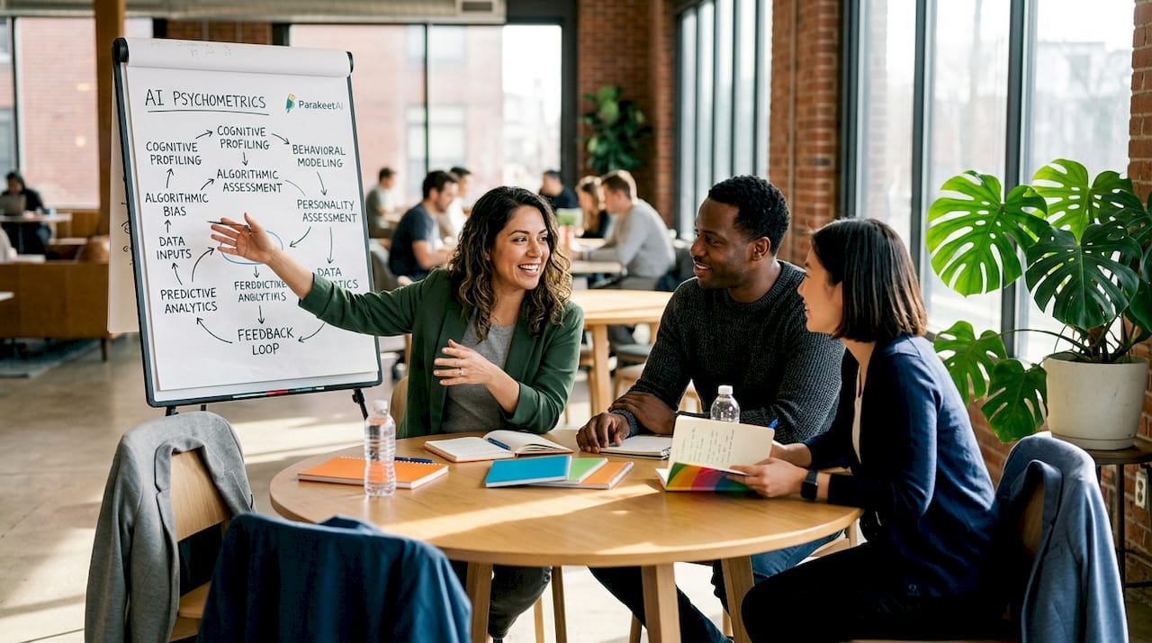 Team reviewing AI psychometric adaptive interview data