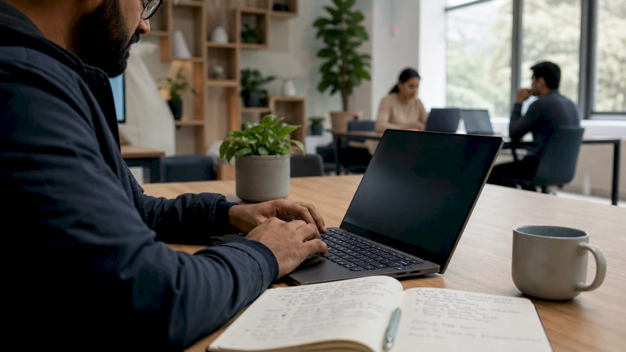 Hands typing on laptop in office for AI automation