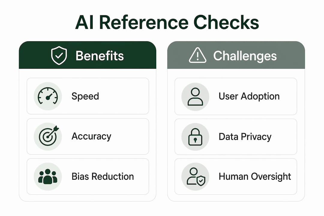 Infographic comparing AI reference check benefits and challenges
