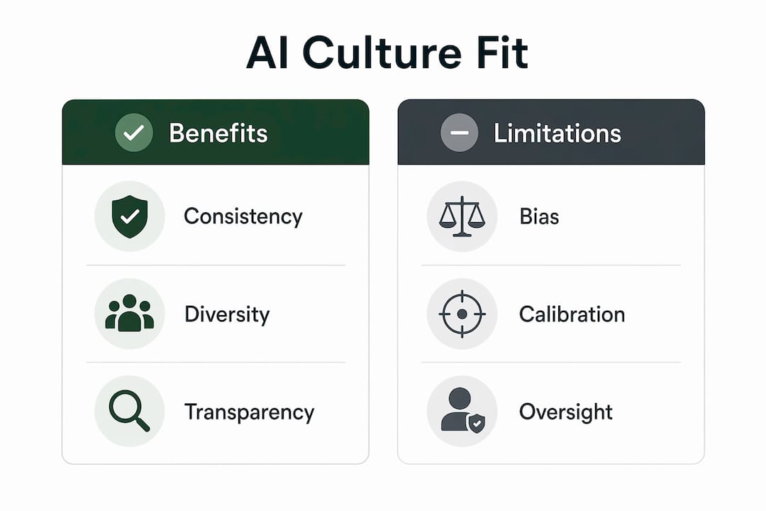 Infographic comparing AI culture fit benefits and limitations