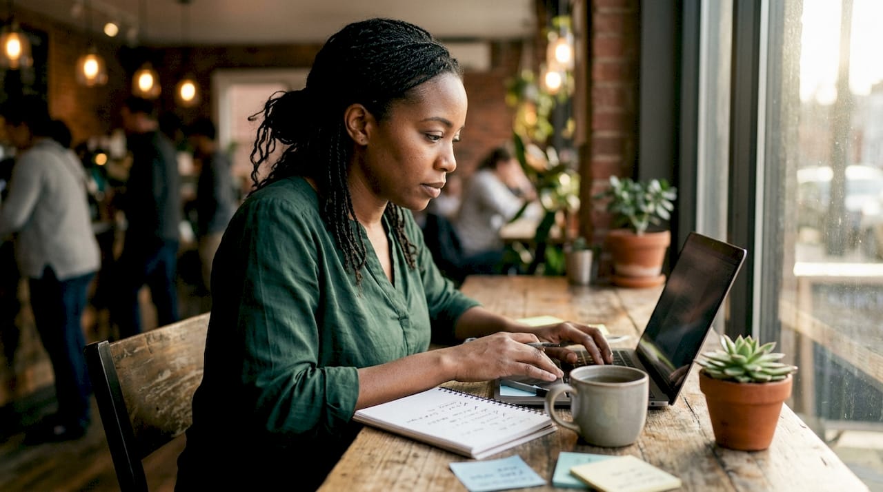 Hands working on recruitment metrics at laptop and tablet