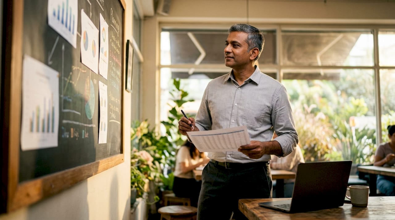 Man analyzing hiring trend data on corkboard
