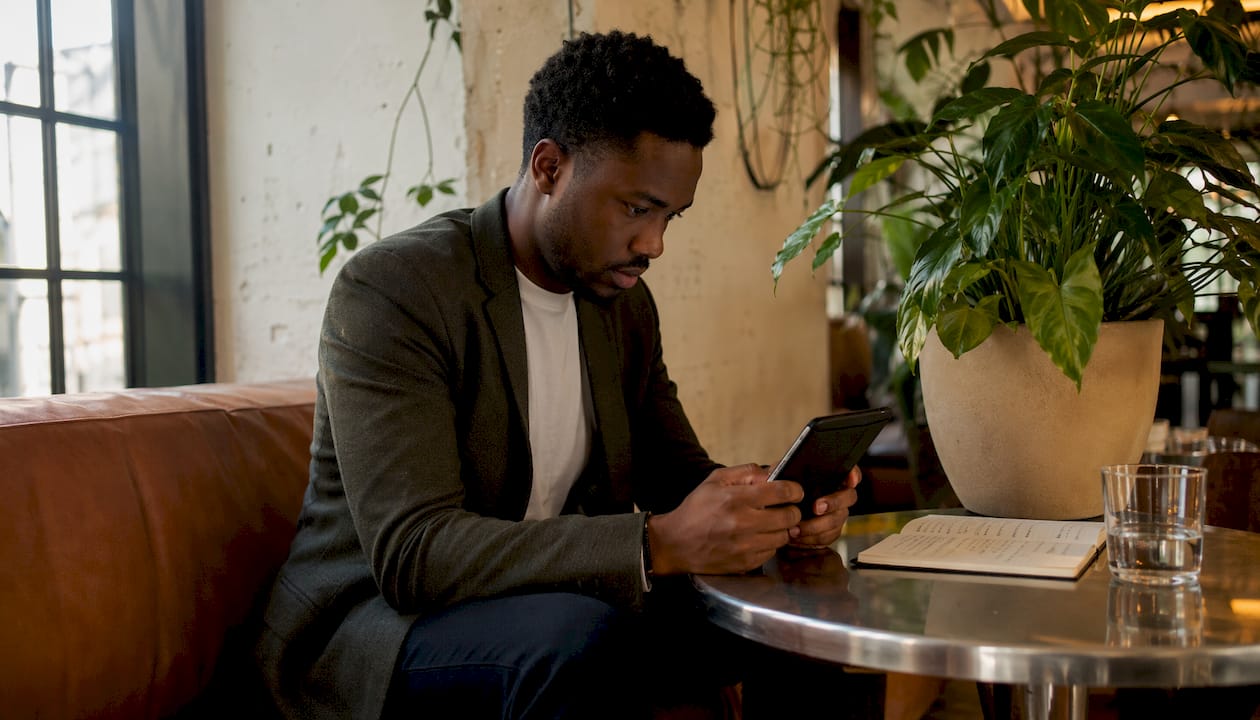 Man reviewing AI interview tips on tablet in office.