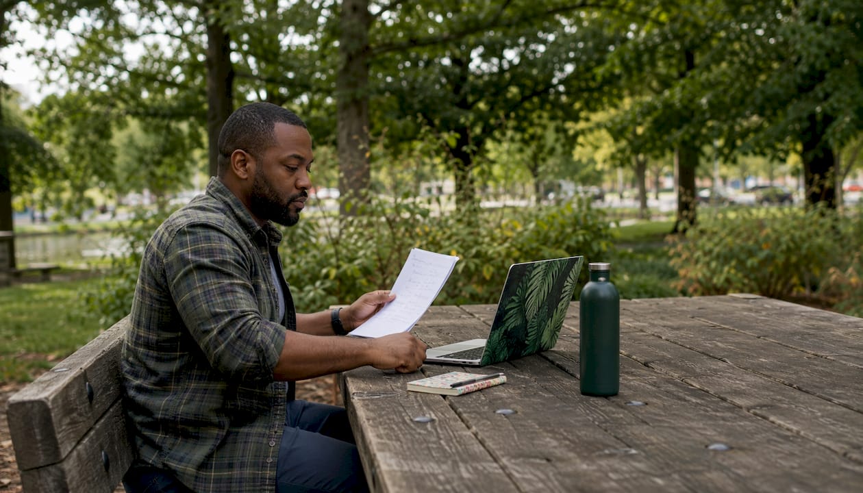 Man practicing interview with AI feedback sheets