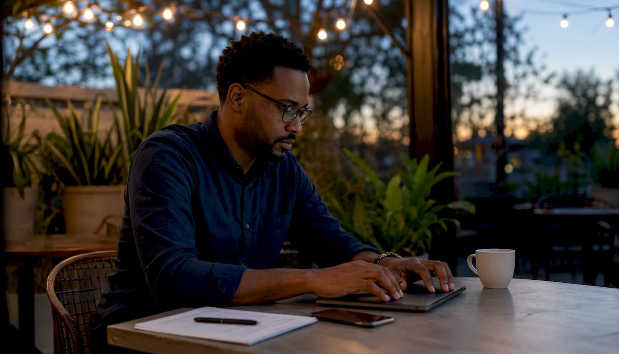 Man preparing with AI interview assistant in café