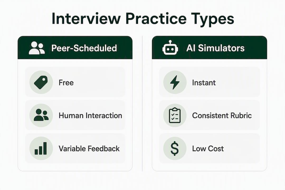 Infographic comparing peer-scheduled and AI simulator interview practices
