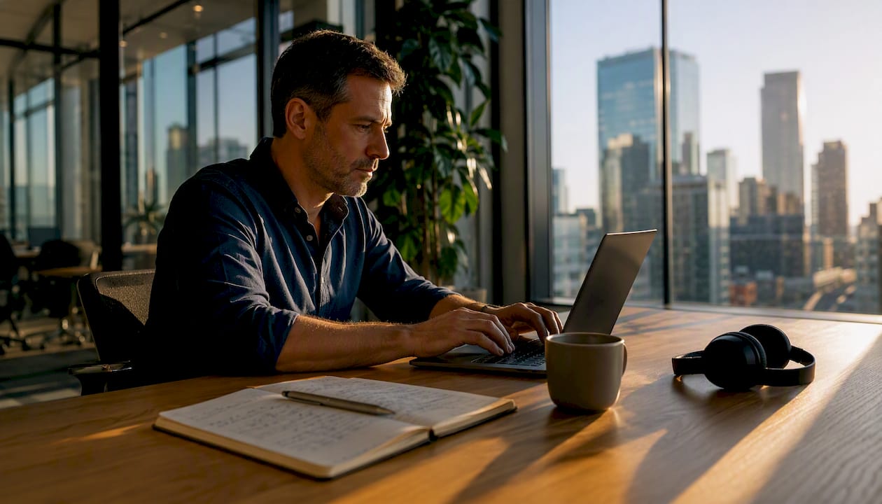 Man configuring AI interview software in startup office