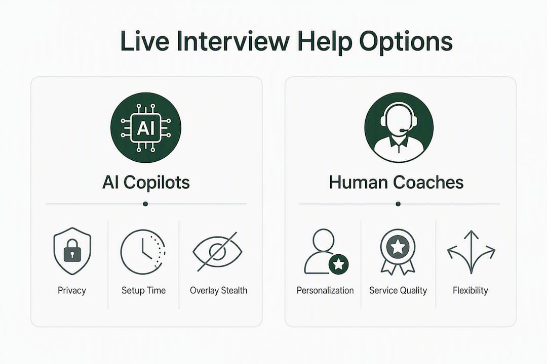 Infographic comparing AI copilots and human coaches for live interview help