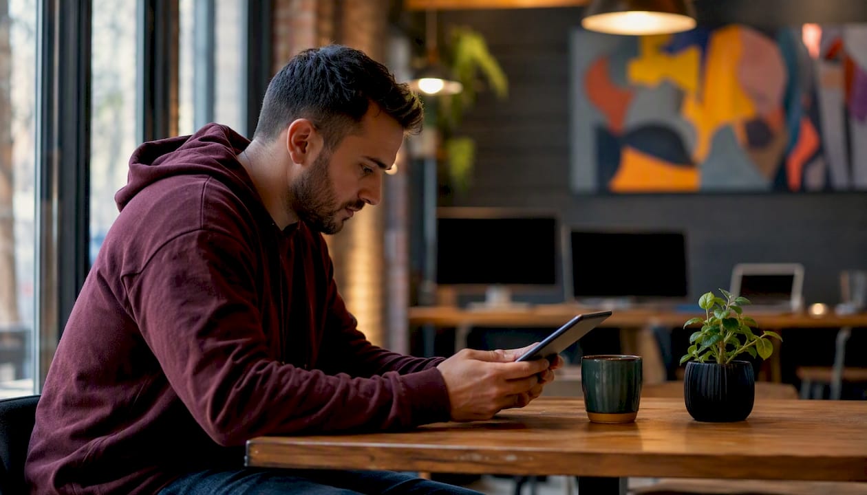 Male coder using tablet in coworking space