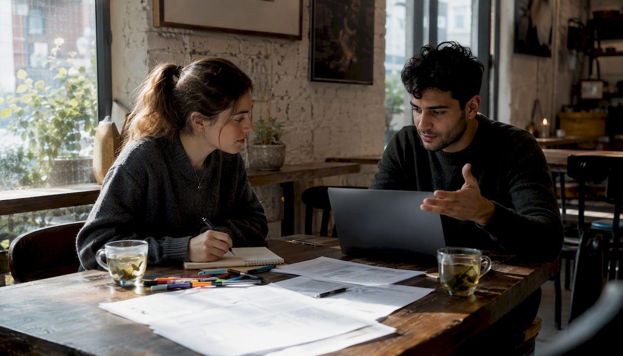 Two students discussing coding homework