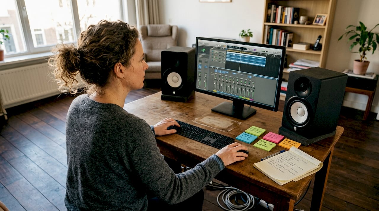 A woman is mixing, using studio monitors.