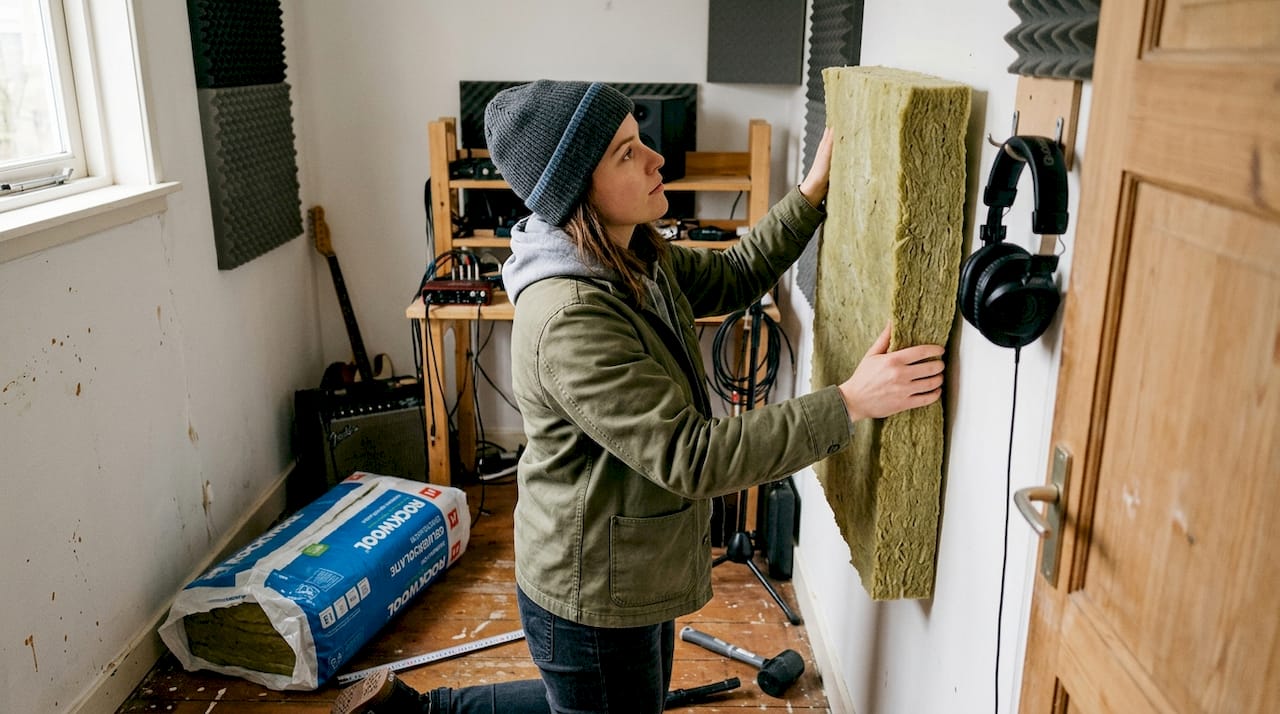 Studio acoustics: improve sound quality at home in 2026 1 A woman places an acoustic panel in the studio.