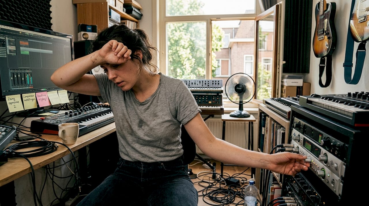 Why ventilation in studio is crucial for sound quality 2 The producer sits working in his warm, crowded home studio, surrounded by equipment and creative chaos.