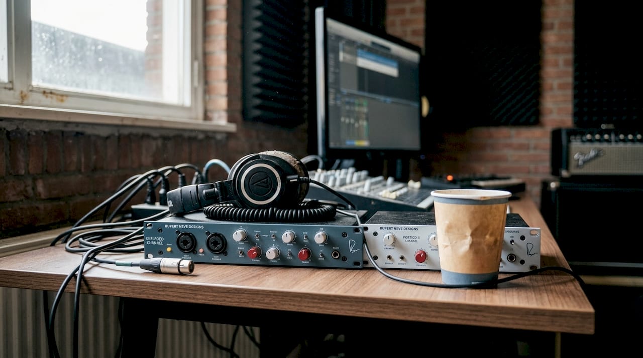 Twee voorversterkers staan opgesteld op het studiobureau.