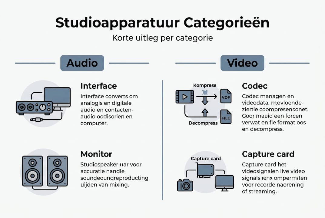 Overzicht van studioapparatuur: categorieën en belangrijke termen in één infographic