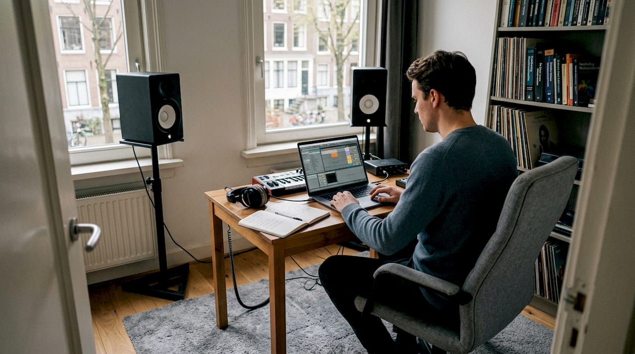 Kompaktes Studio mit den Monitoren, die an der kurzen Wand aufgestellt sind.
