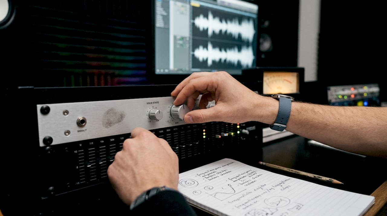 Une paire de mains tourne les boutons d'une console de masterisation audio pour régler parfaitement le son.