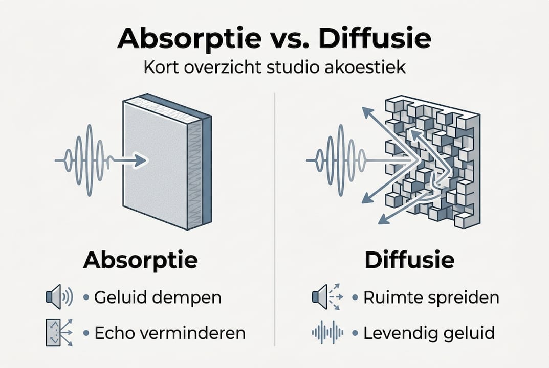 Absorptie in studio: essentiële gids voor betere geluidskwaliteit 1 Overzichtelijke infographic: hoe absorptie en diffusie werken