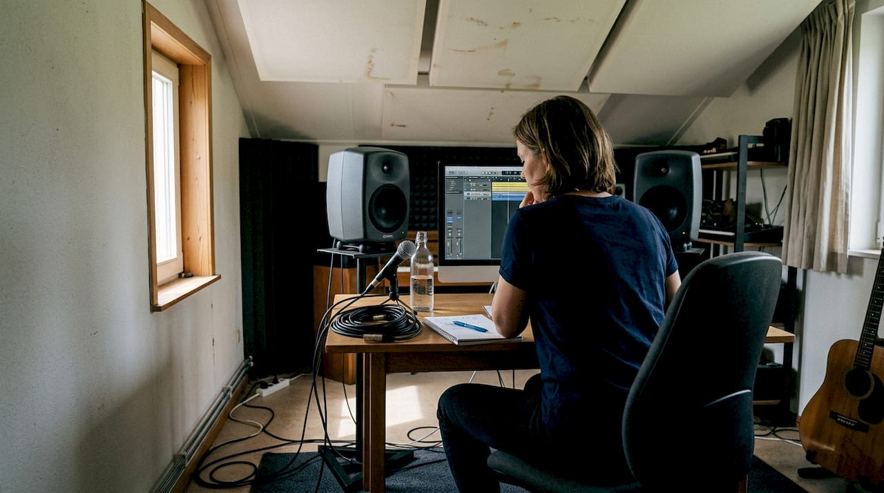 Akoestisch plafond: voordelen en toepassingen voor je studio 1 Een vrouw bekijkt de opname terug in een studio met akoestische panelen.