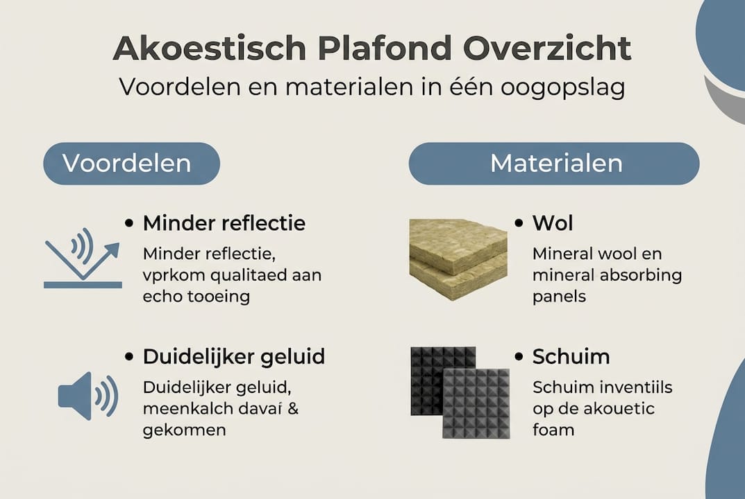 Akoestisch plafond: voordelen en toepassingen voor je studio 2 Infographic: de pluspunten van een akoestisch plafond en welke materialen je daarvoor kunt gebruiken