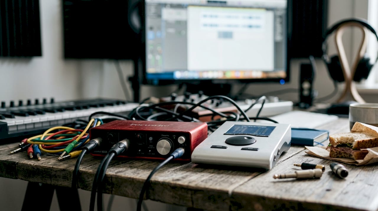Auf dem Studiotisch liegen zwei beliebte USB-Audio-Interfaces bereit.