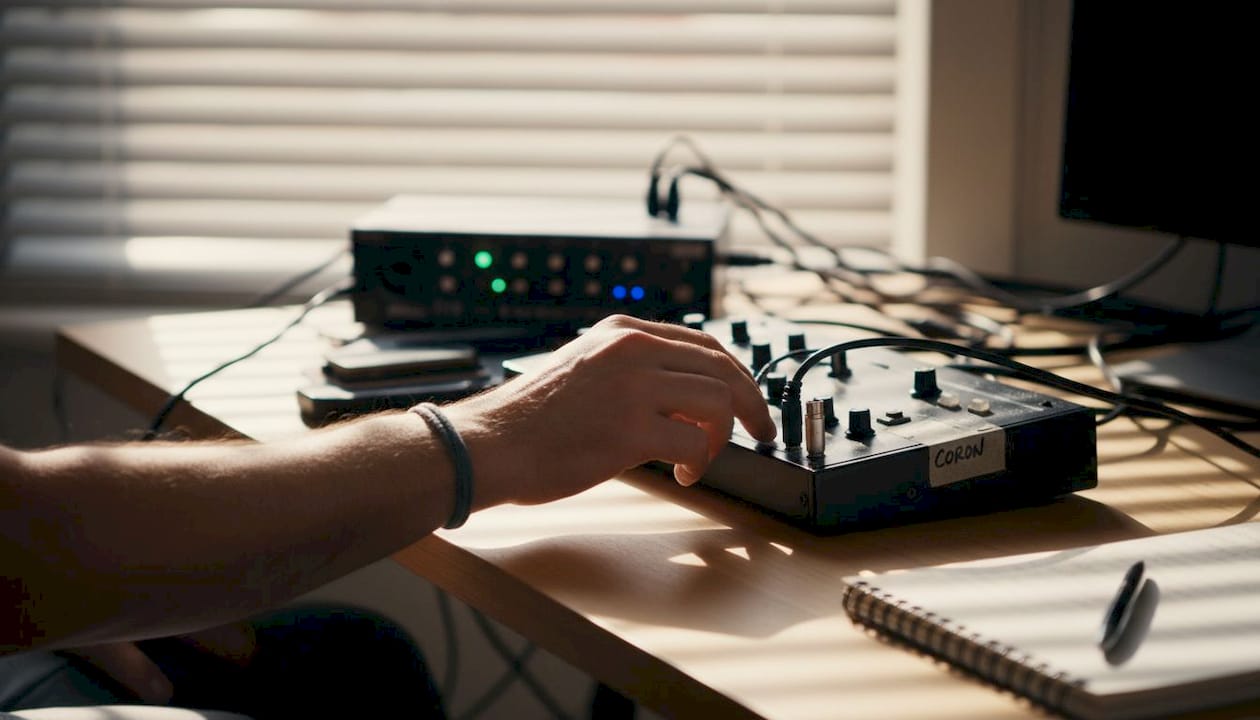 Quelqu'un branche un câble MIDI dans un studio.