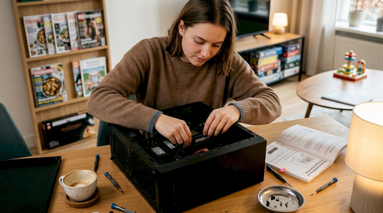 The ideal computer for video editing: requirements and specs 2 A woman is installing additional working memory in her computer at her desk.