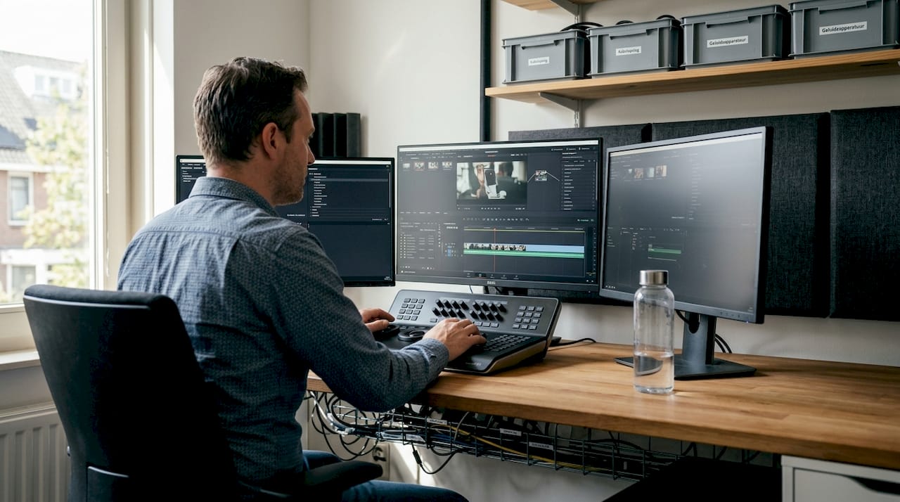 Intelligente Studio-Layouts: praktische Beispiele für ein Heimstudio 1 Ein Video-Editor bei der Arbeit hinter einem Schreibtisch mit mehreren Bildschirmen in einem professionellen Studio.