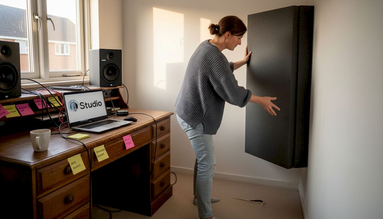 Eine Frau stellt eine Bassfalle in die Ecke ihres Studios.