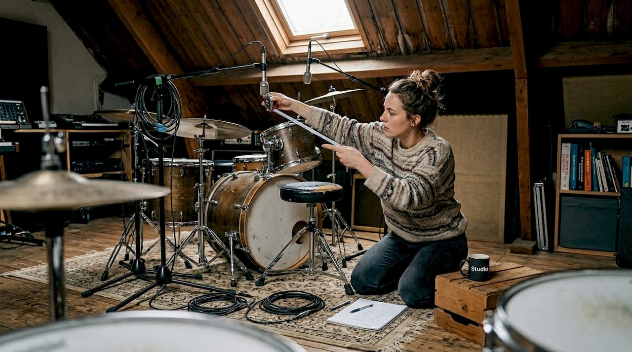 Een vrouw is bezig om de stereo overhead-microfoons bij het drumstel nauwkeurig uit te meten.