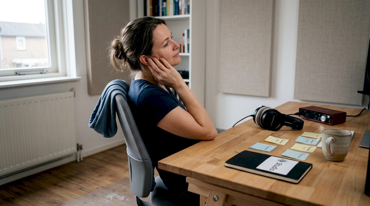 Studiokopfhörer für Ihr Heimstudio: warum Sie es tun sollten 2 Frau macht eine Pause zu Hause mit großen Studio-Kopfhörern auf