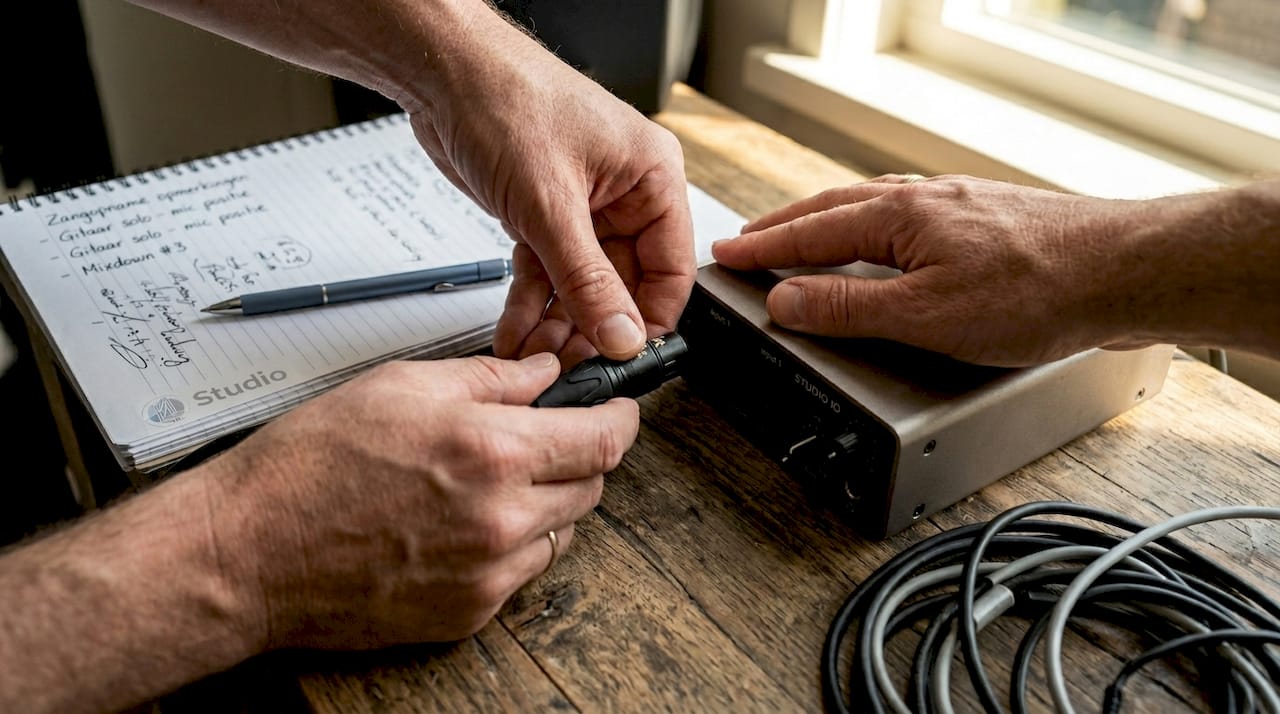 Mit ihren Händen verbinden sie das Mikrofon mit dem Audio-Interface.
