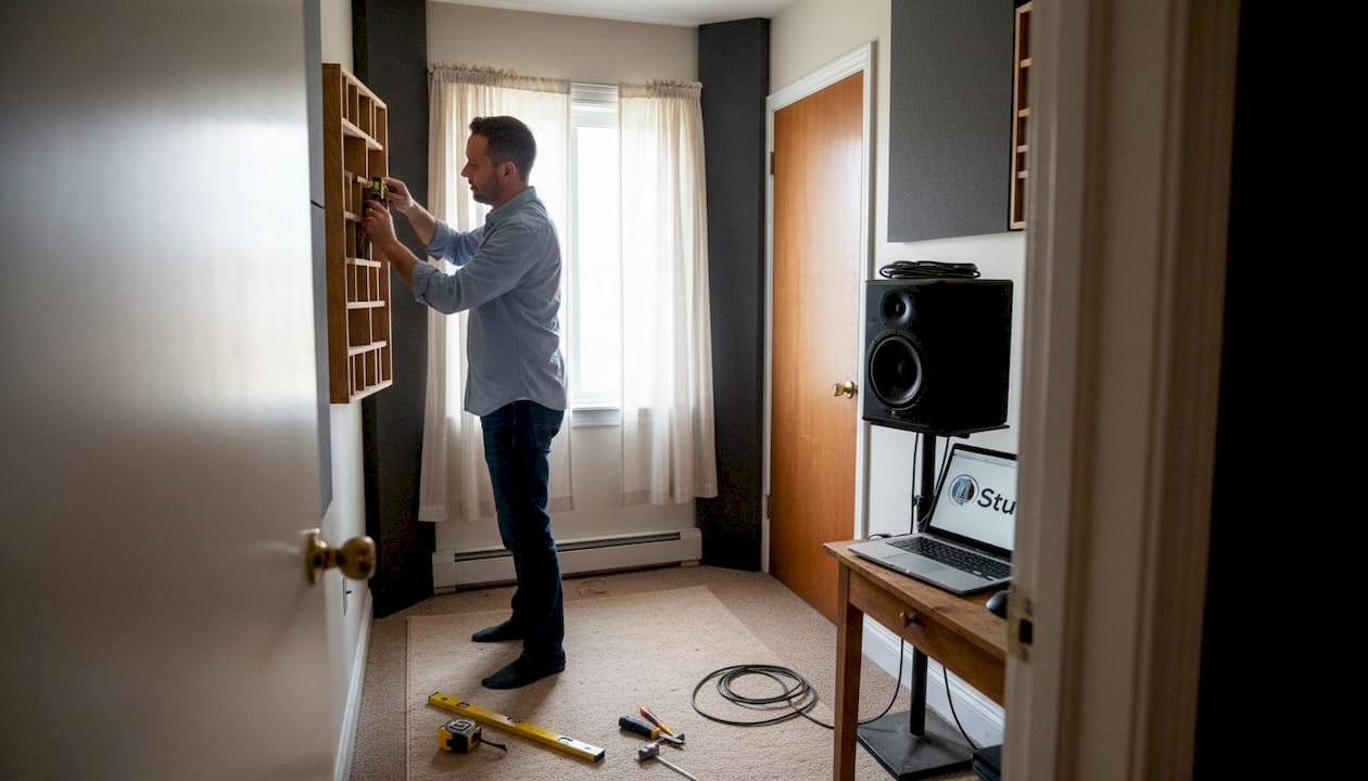 Merkmale eines professionellen Studios für Spitzenklang 2 Ein Mann platziert einen Diffusor in einem Aufnahmestudio.