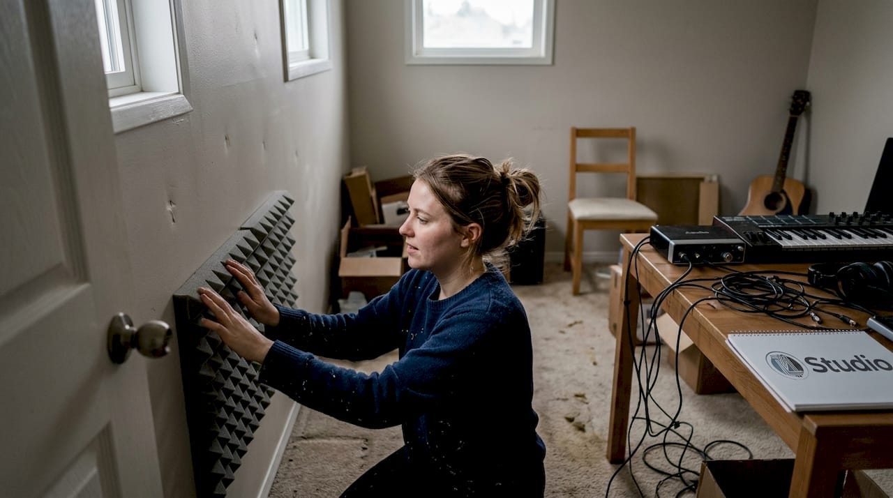 Eine Frau installiert Schallschutzplatten in ihrem Schlafzimmerstudio, um die Akustik zu verbessern.