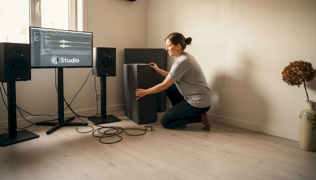 Explication de l'acoustique des pièces : optimisez l'espace de votre studio 2 Une femme place un bass trap dans le coin de son studio.