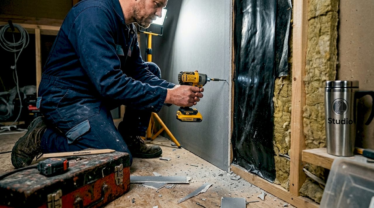 Un ingénieur installe un mur d'insonorisation très épais dans le studio.