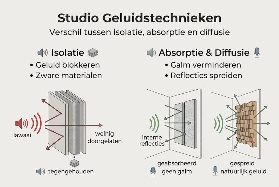 Infographie expliquant la différence entre isoler, absorber et diffuser
