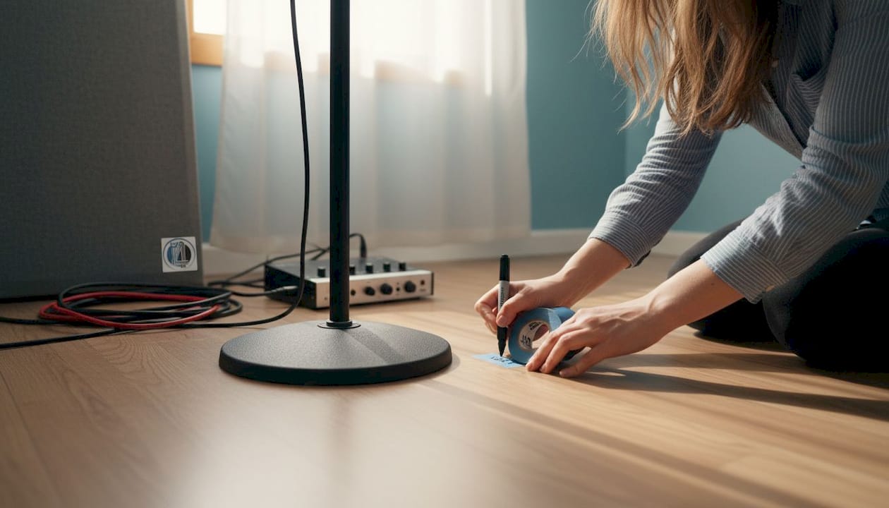 Workflow-Mikrofonplatzierung: optimale Tonaufnahme 2 Eine Frau bringt Klebeband an der Unterseite eines Mikrofonständers im Studio an.