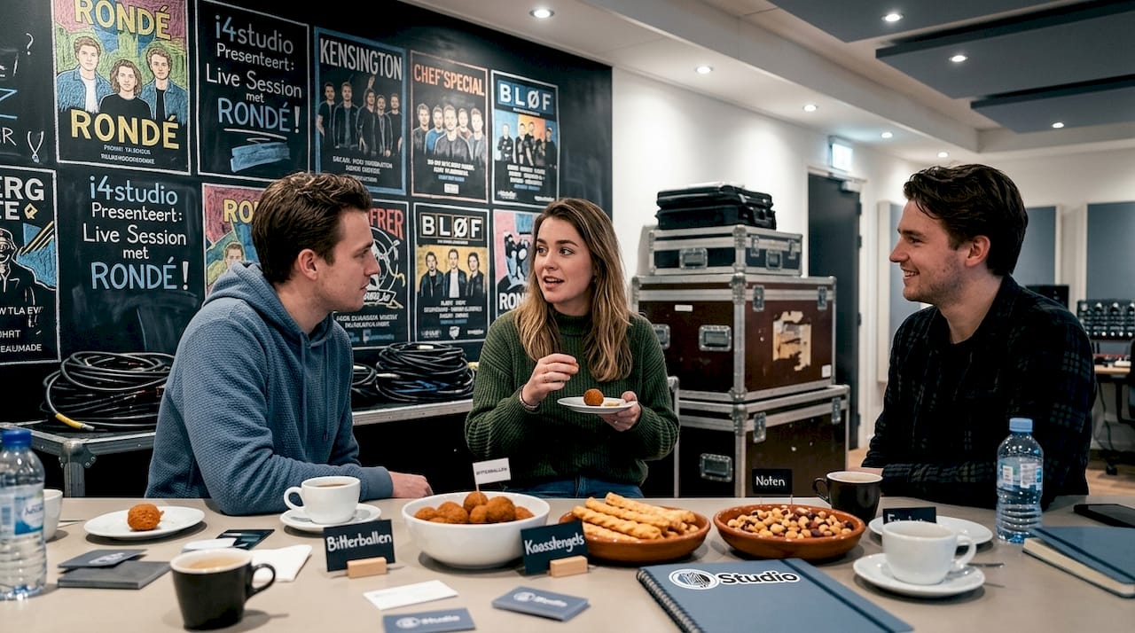 Jongeren komen samen in een muziekstudio om te netwerken en ideeën uit te wisselen.