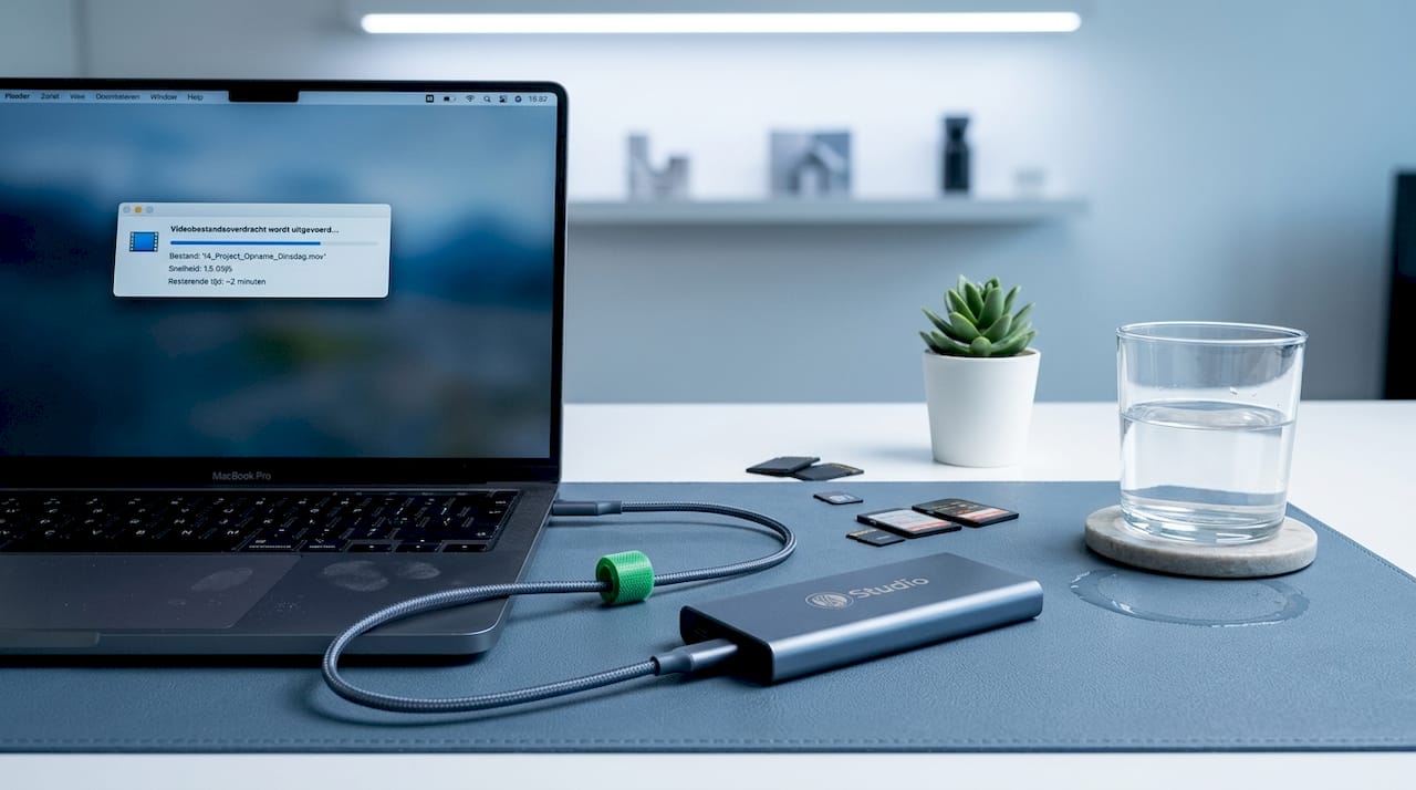 De juiste computer voor videobewerking: zo kies je 1 Close-up van een SSD aangesloten op een laptop tijdens het overzetten van videobestanden