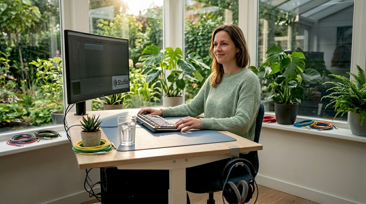 Espace de travail calme dans un studio, où une femme est assise, concentrée, derrière son ordinateur de bureau.