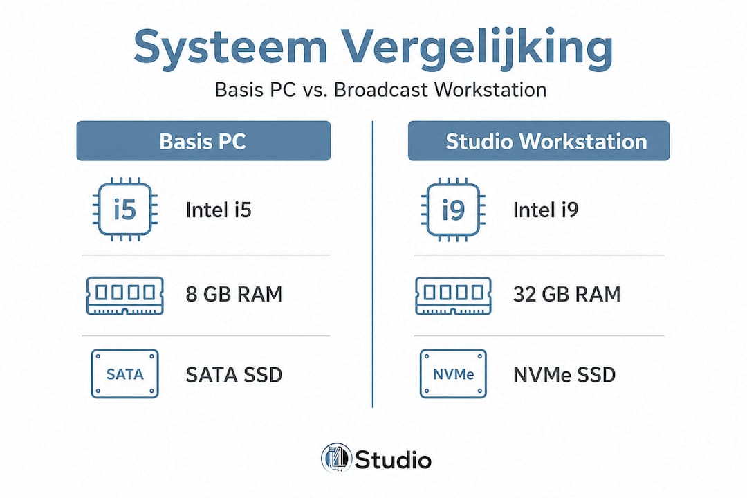 Infographie : comparaison entre un PC standard et une station de travail professionnelle pour la radiodiffusion