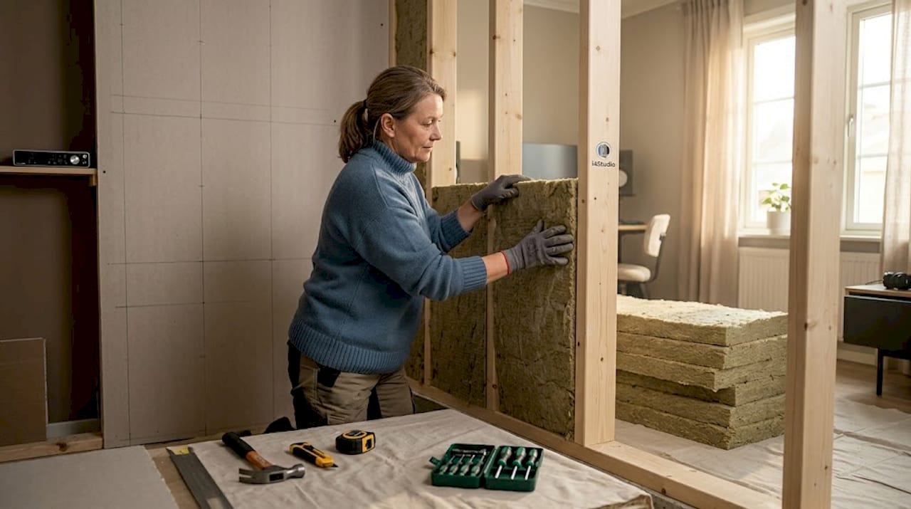 Een vrouw is bezig met het isoleren van de muur in haar eigen studio.
