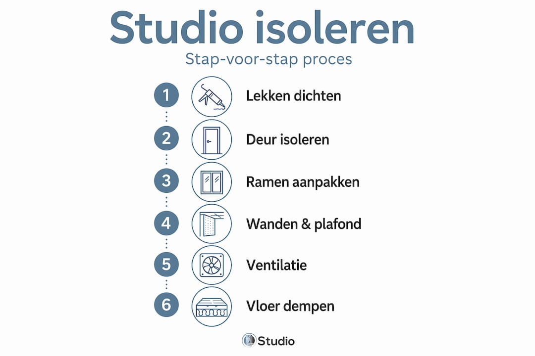 Verticale infographic met overzichtelijke stappen voor het isoleren van een studio