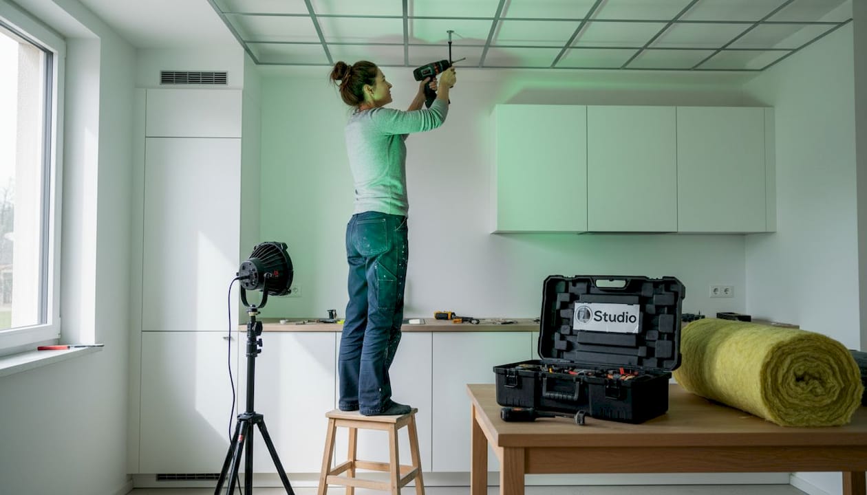 Zo maak je zelf een geluidsdichte kamer voor studiogebruik 1 Vrouw monteert isolatiepanelen aan het plafond van haar thuisstudio