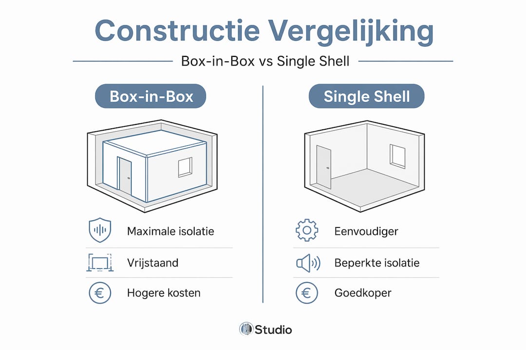Zo maak je zelf een geluidsdichte kamer voor studiogebruik 2 Infographic: vergelijking tussen box-in-box en enkelvoudige schil