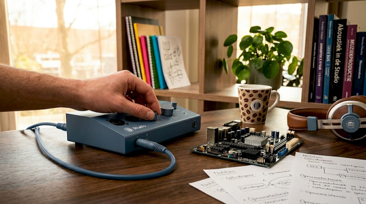 Audio-interface en geluidskaart netjes opgesteld op het studiobureau