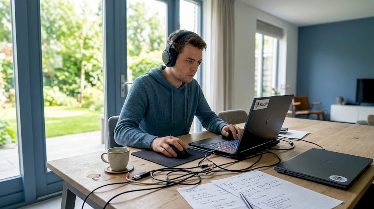 Een gaming laptop op je bureau, helemaal ingericht met muzieksoftware.